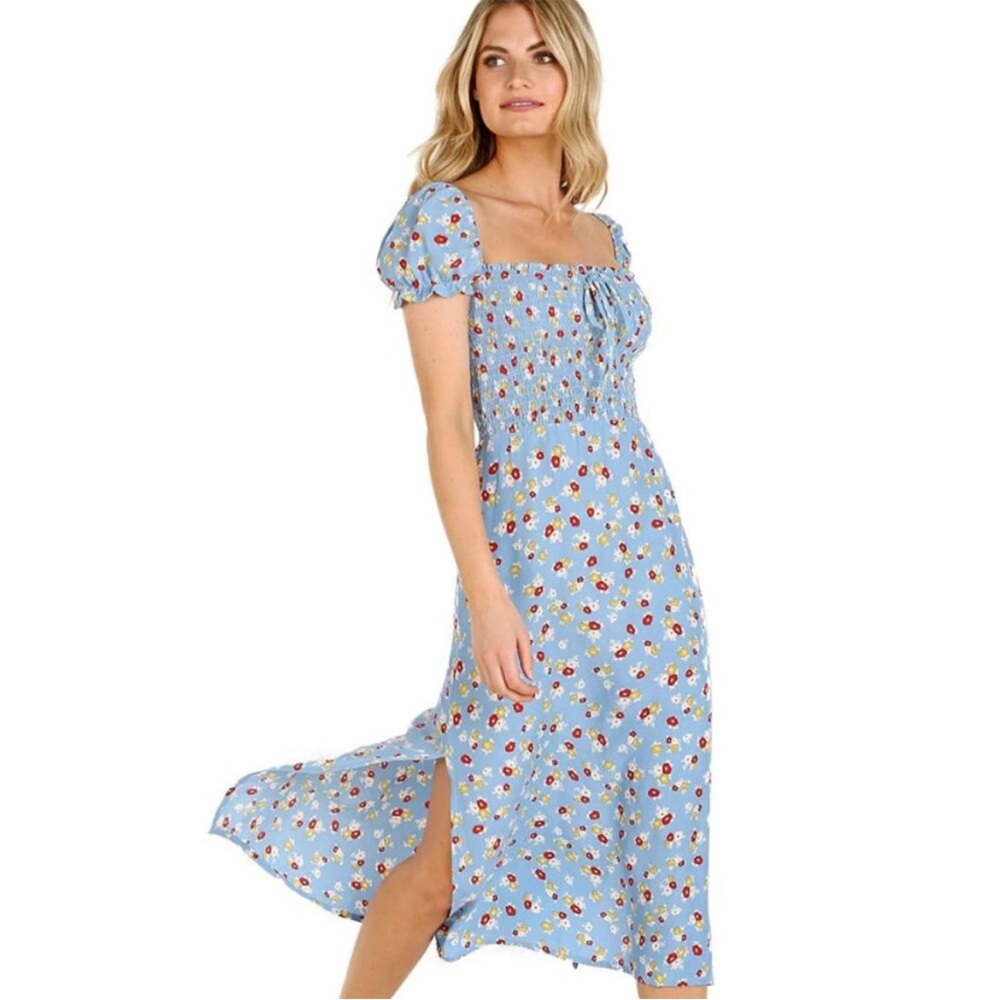 Faithfull the Brand, Castilo Blue Floral Print Smocked Midi Dress